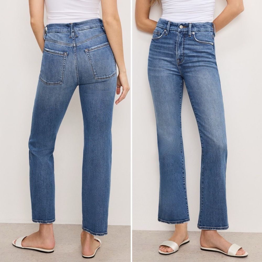 Good American Good Curve Straight Jeans Medium Wash Fray Pockets Size 26 | 2